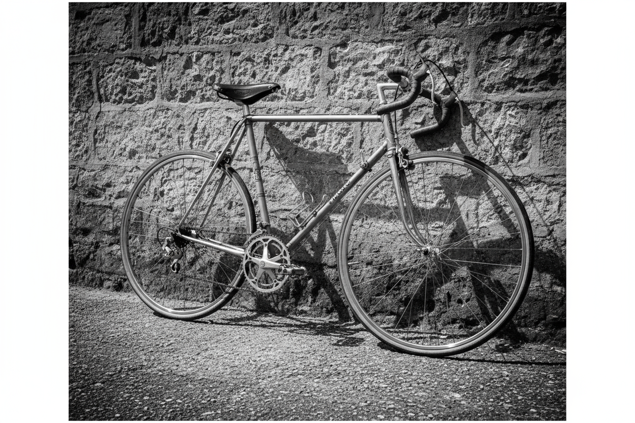 bicycle black and white photo leaning against wall